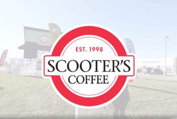 An image of a Scooters Kiosk with a white transparent cover over it, and then the Scooter's Coffee Logo Prominent in the center.